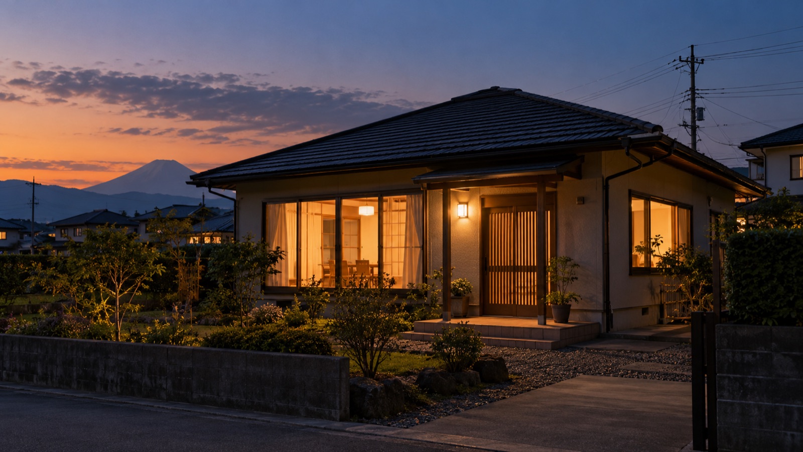 夕暮れに室内の明かりが灯る平屋の外観