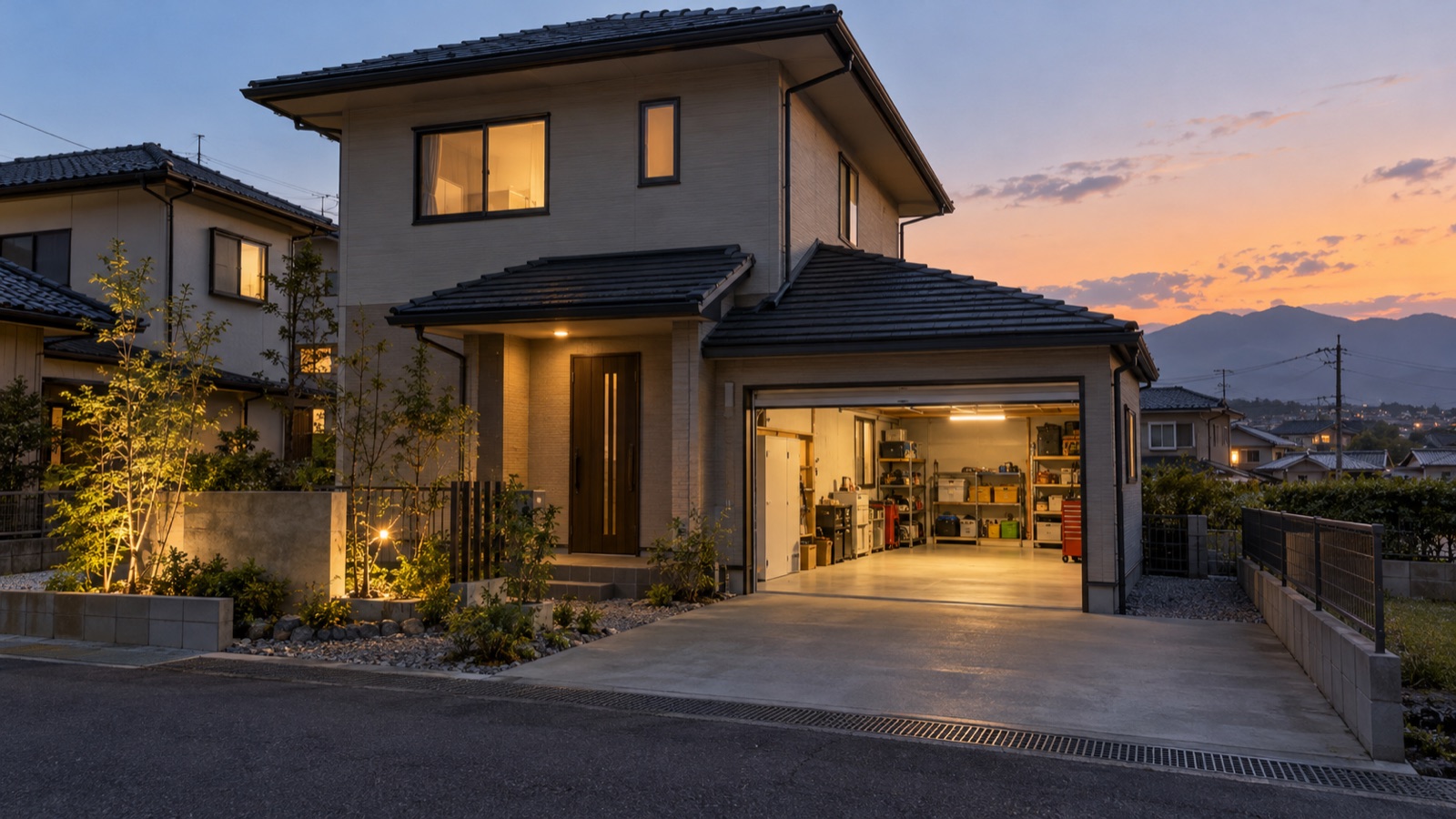夕暮れに明かりが灯るガレージ付き住宅の外観