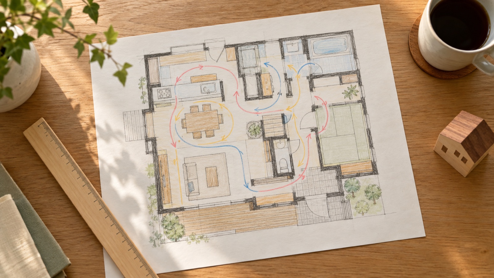 間取り図の上に家事の流れを描いたスケッチ