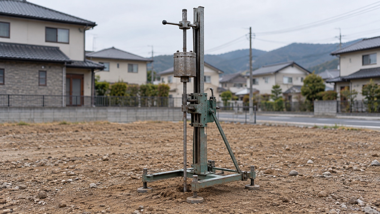 空き地で行われている地盤調査の機械