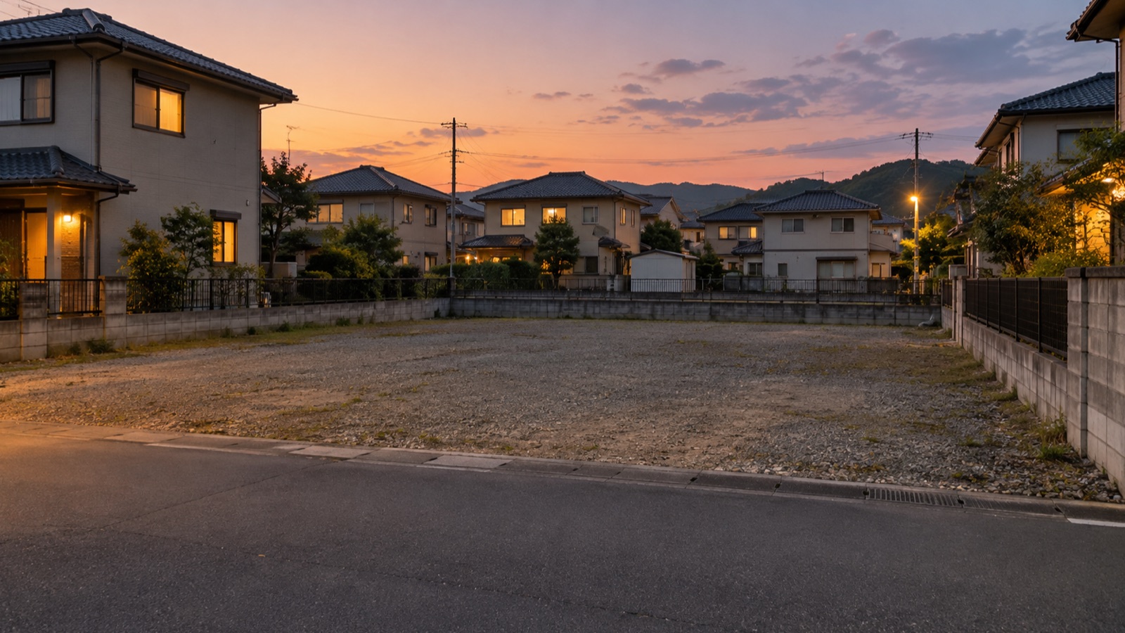 夕方の住宅地の道路から見た売り土地