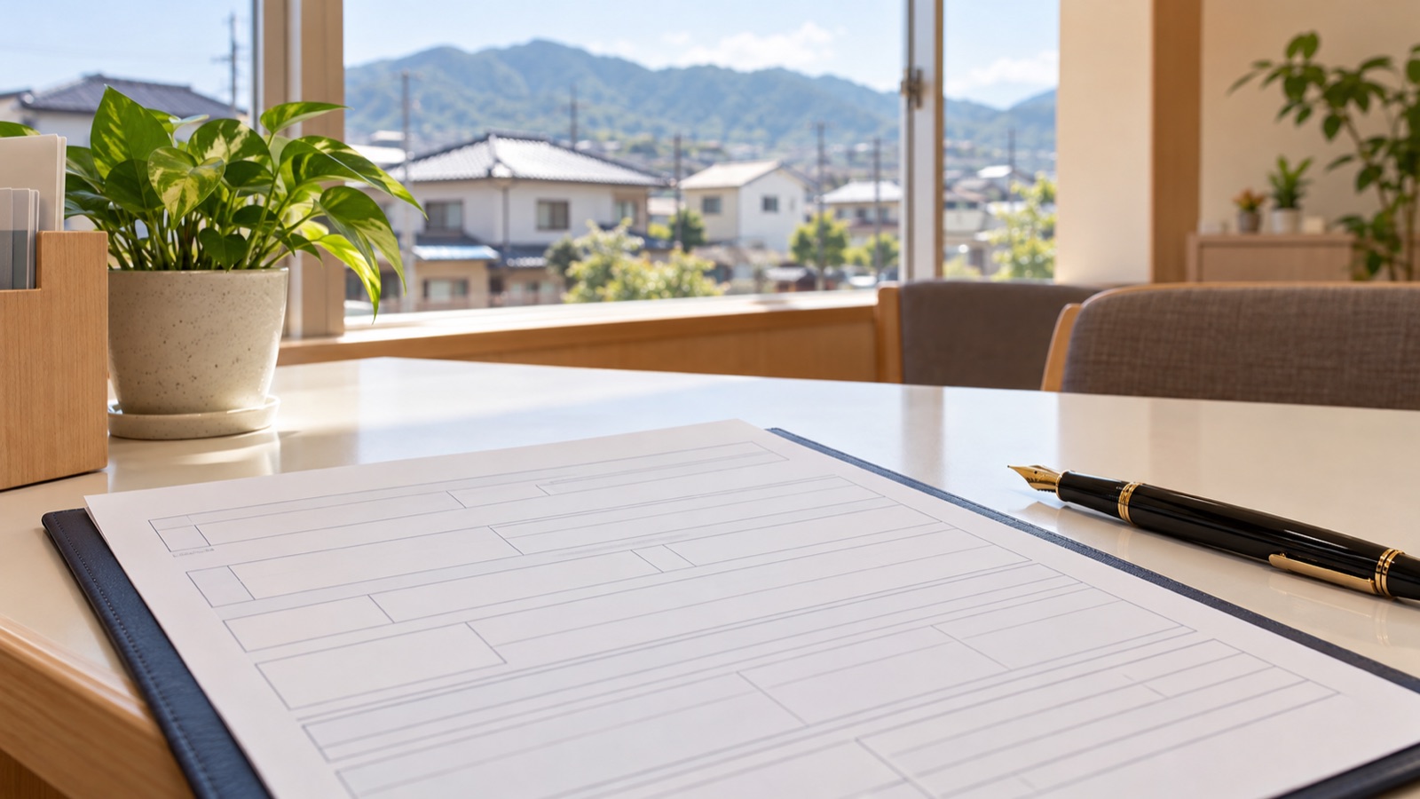 住宅ローンの書類と住まいのパンフレットが置かれたテーブル