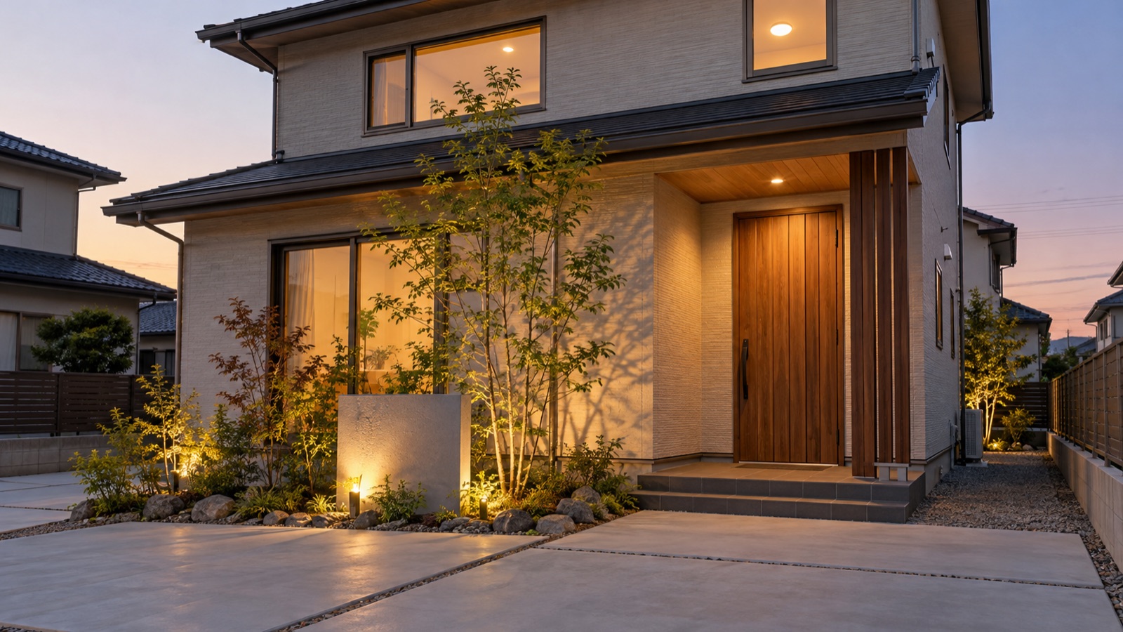 完成した住まいの玄関先と小さな庭