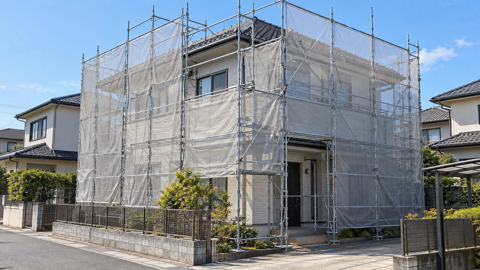 足場を組んで外壁のメンテナンスを行う住宅