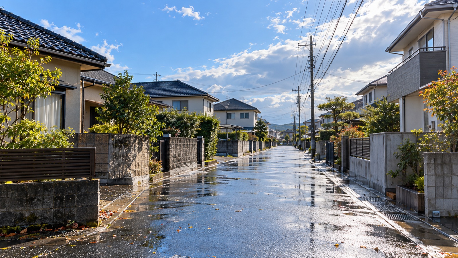 台風が過ぎた後の住宅街と青空